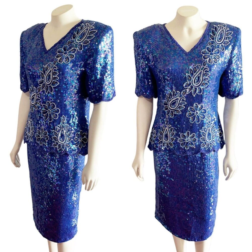 Stenay Purple Sequin Two Piece Top and Skirt Set Size 8 1980s 80s